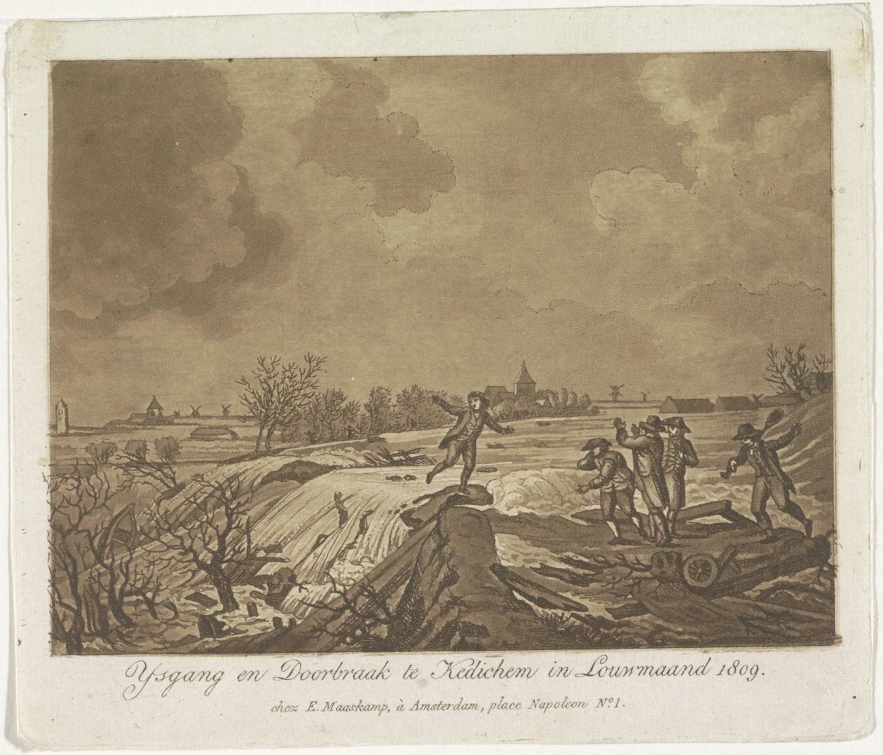 خرق دايك في كيديشم ، 1809 Ysgang و Doorbraak في Kedichem في Louwmaand 1809 (العنوان على الكائن) بواسطة مجهول
