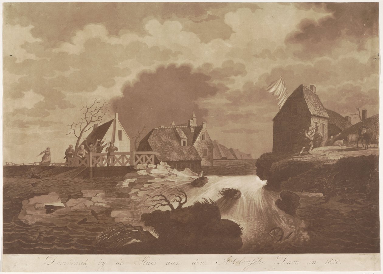 خرق سد أركيل بالقرب من جورينشيم 1820 خرق في سد Sluis aan den Arkelsche في عام 1820 (العنوان على الجسم) بواسطة مجهول