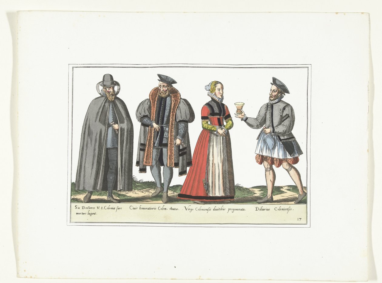 ثلاثة رجال وامرأة يرتدون الأزياء الألمانية حوالي 1580 أزياء Allemands (العنوان على الكائن) بواسطة مجهول