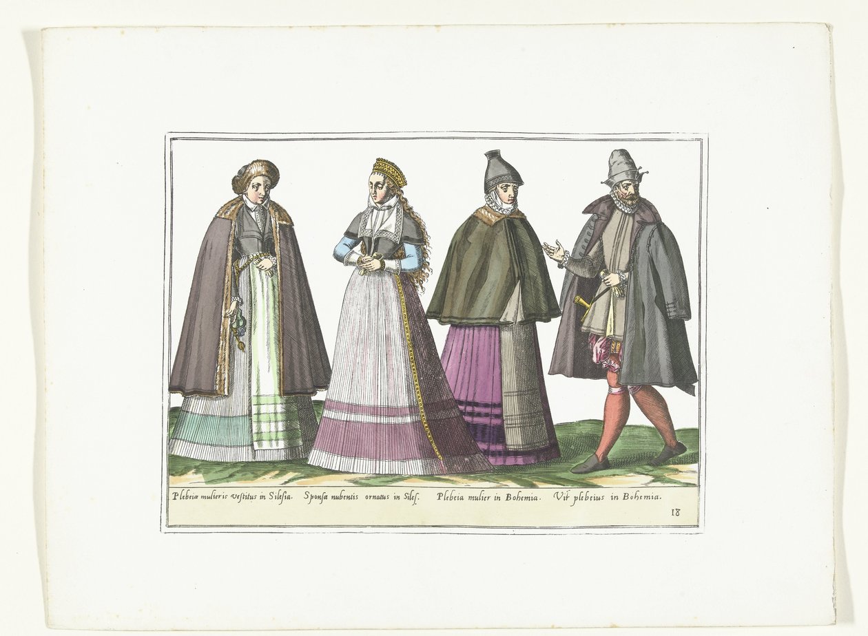 ثلاث نساء ورجل يرتدون الأزياء الألمانية حوالي 1580 أزياء Allemands (العنوان على الكائن) بواسطة مجهول