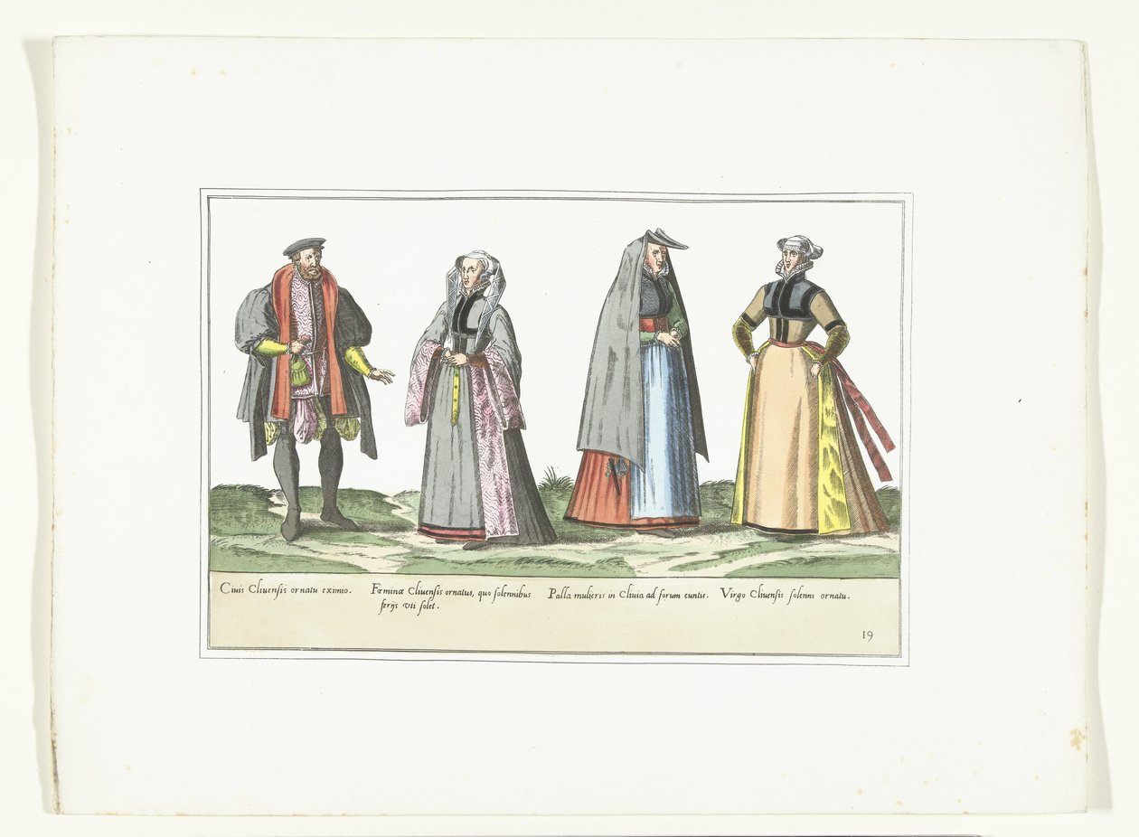 ثلاث نساء ورجل يرتدون الأزياء الألمانية حوالي 1580 أزياء Allemands (العنوان على الكائن) بواسطة مجهول