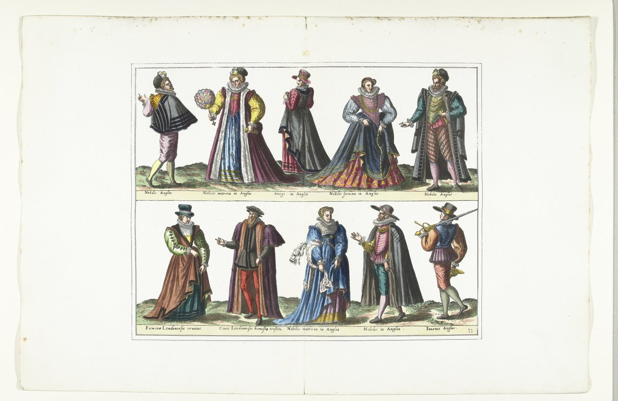 طبق مزدوج مع خمسة رجال وخمس نساء يرتدون الأزياء الإنجليزية ، ج .1580 أزياء Anglais (العنوان على الكائن) بواسطة مجهول