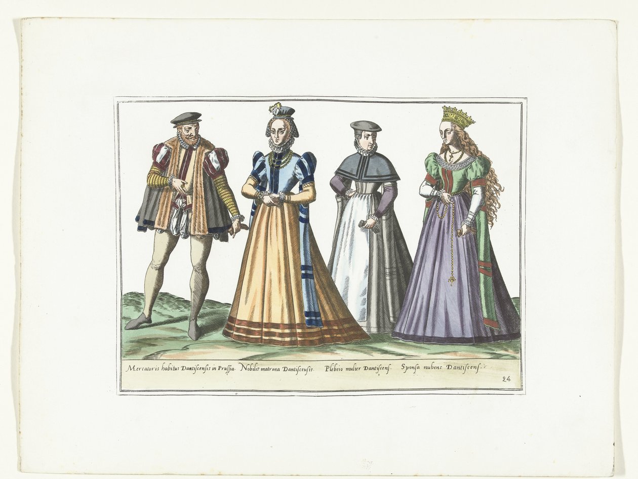 رجل وثلاث نساء يرتدون أزياء ألمانية في دانزيج ، حوالي 1580 أزياء Allemands (العنوان على الكائن) بواسطة مجهول