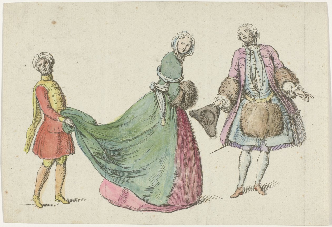 رجل وامرأة أنيق مع صفحة سوداء أوضاع فيفرييه مارس 1729 ميركيور دو فرانس (عنوان السلسلة) بواسطة مجهول
