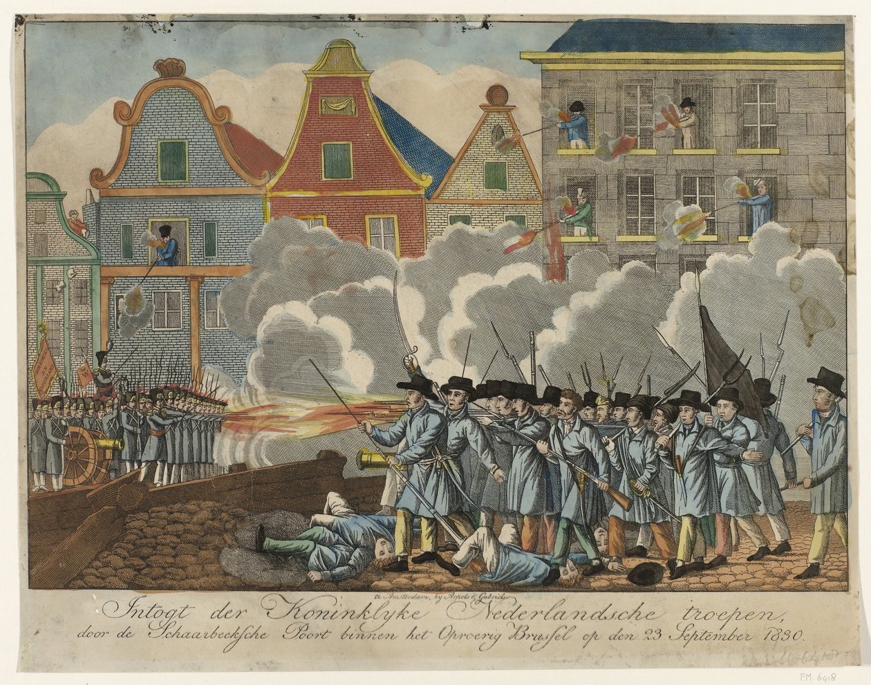 القتال في Schaerbeekse Poort في بروكسل ، 1830 Intogt der Koninklyke القوات الهولندية ، من خلال Schaarbeeksche Poort داخل بروكسل المتمردة في 23 سبتمبر 1830 (العنوان على الكائن) بواسطة مجهول