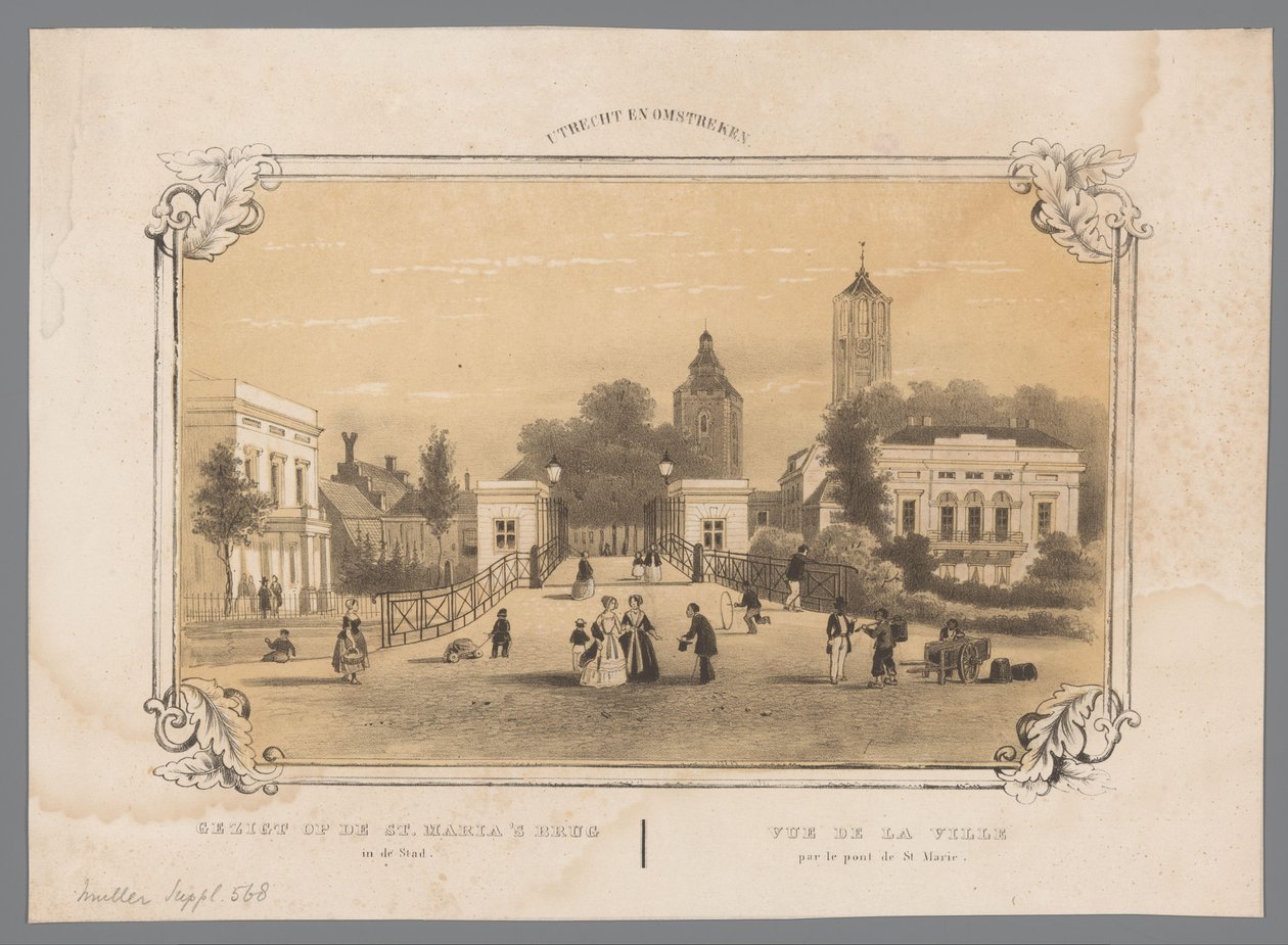 منظر لجسر سينت ماريا في أوتريخت منظر لجسر سانت ماري في المدينة / Vue de la Ville par le pont de St. Marie (العنوان على الجسم) أوترخت والمناطق المحيطة بها (عنوان السلسلة على الكائن) بواسطة مجهول
