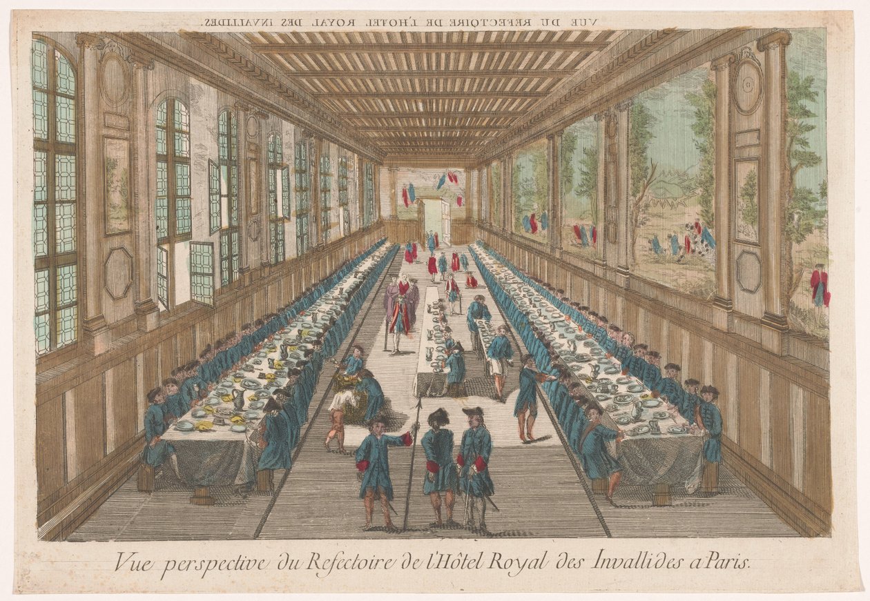 منظر لغرفة الطعام في فندق Hôtel des Invalides في باريس مع مجموعة تتناول وجبة منظور Vue du Refectoire de l