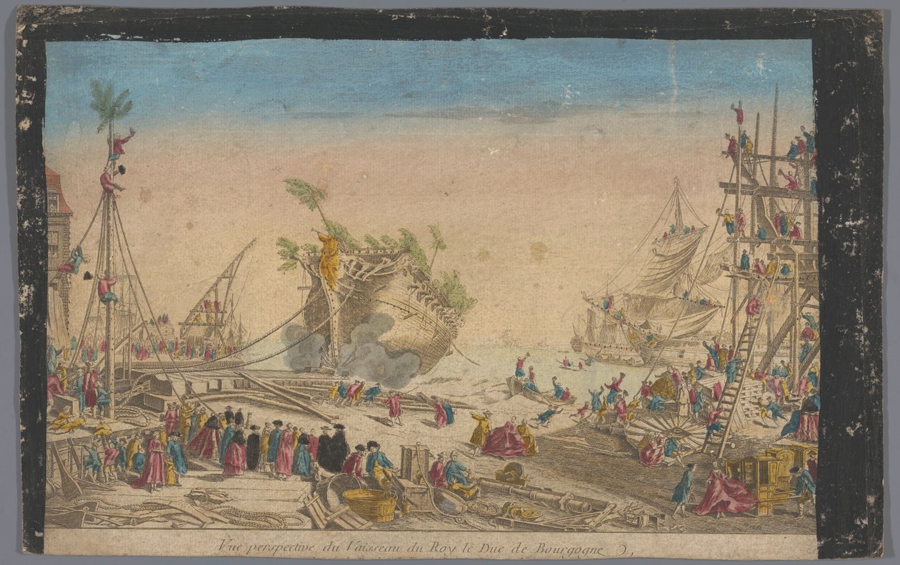 منظر للميناء في Rochefort مع غرق السفينة Duc de Bourgogne في 20 أكتوبر 1751 منظور Vue du vaisseau du roy le Duc de Bourgogne (العنوان على الكائن) بواسطة مجهول