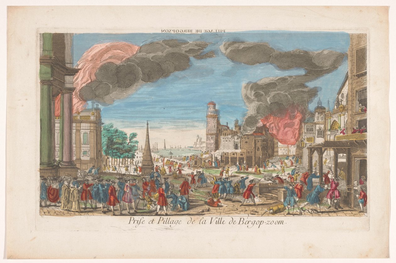 منظر لاستيلاء الفرنسيين على بيرغن أوب زوم ونهبها عام 1747 Pillage de Bergopzom (العنوان على الكائن) بواسطة مجهول