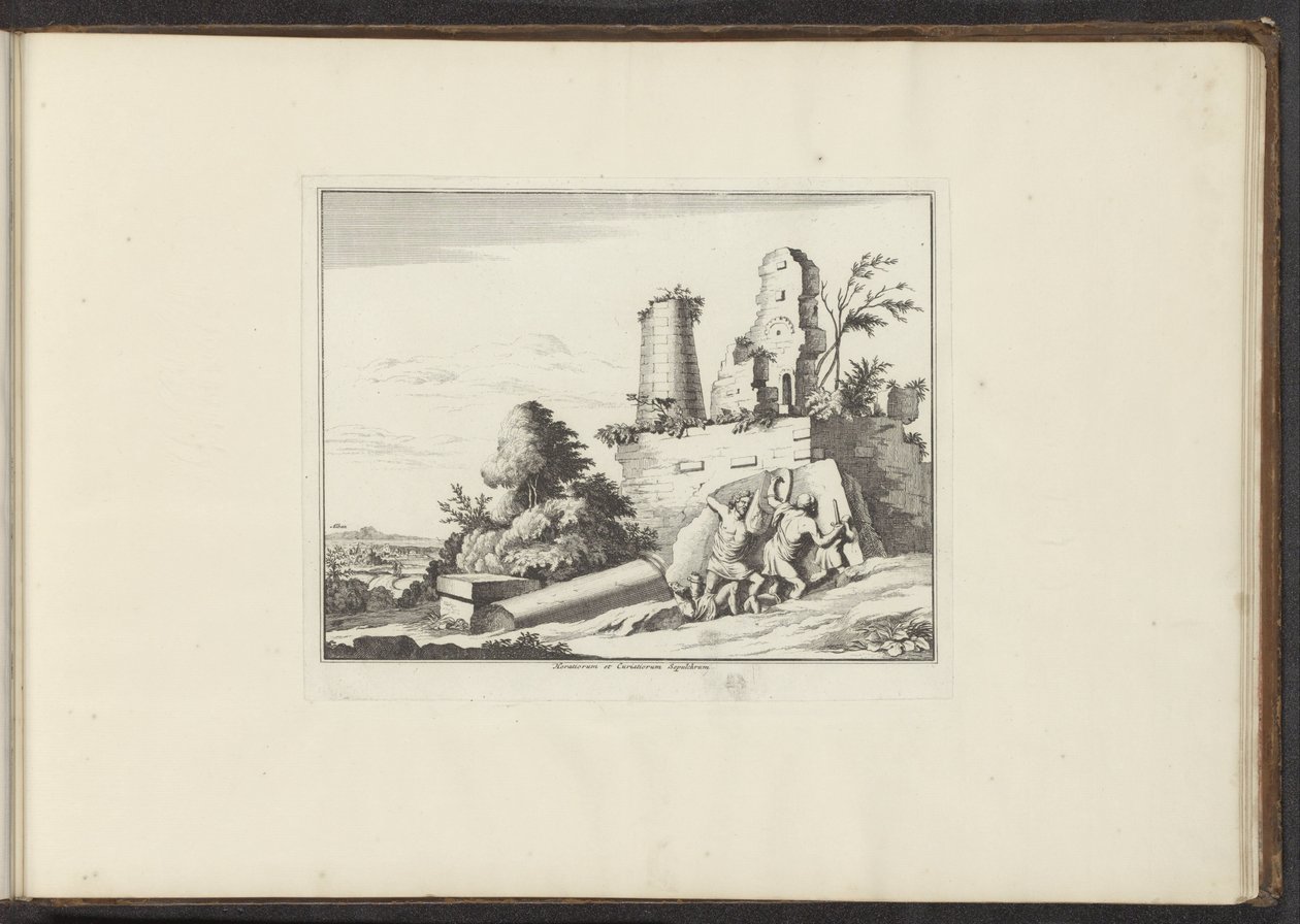 منظر لأطلال مقبرة هوراتي وكوراتي في روما Horatiorum et Curatiorum Sepulchrum (العنوان على الكائن) القصور والمعالم الأثرية في البندقية وليفورنو ونابولي وروما (عنوان السلسلة) بواسطة مجهول