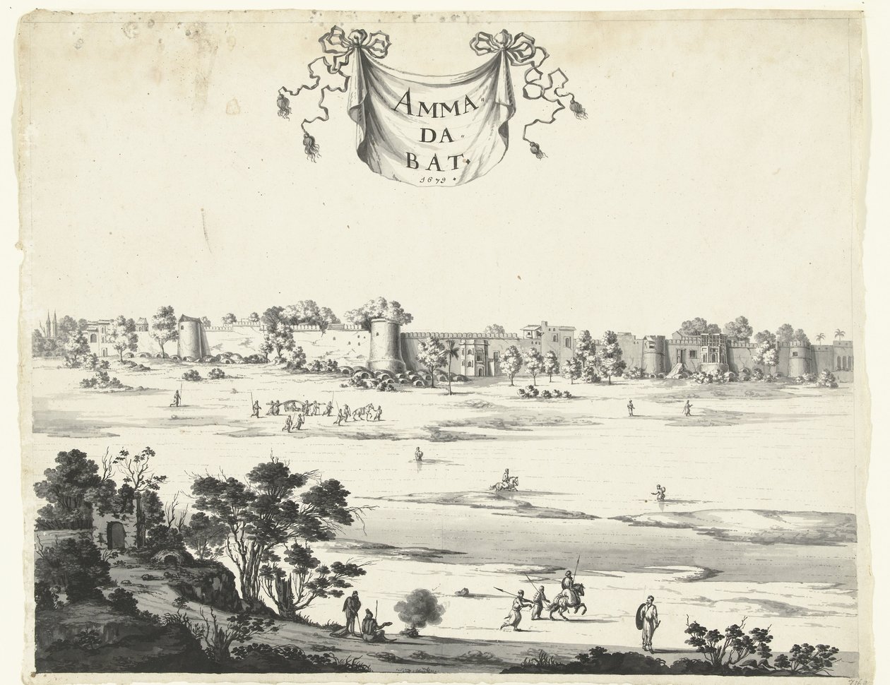 منظر لمدينة أحمد آباد عمادات (العنوان على الكائن) وجوه في الهند من الأعوام 1678-1679 (عنوان المسلسل) بواسطة مجهول