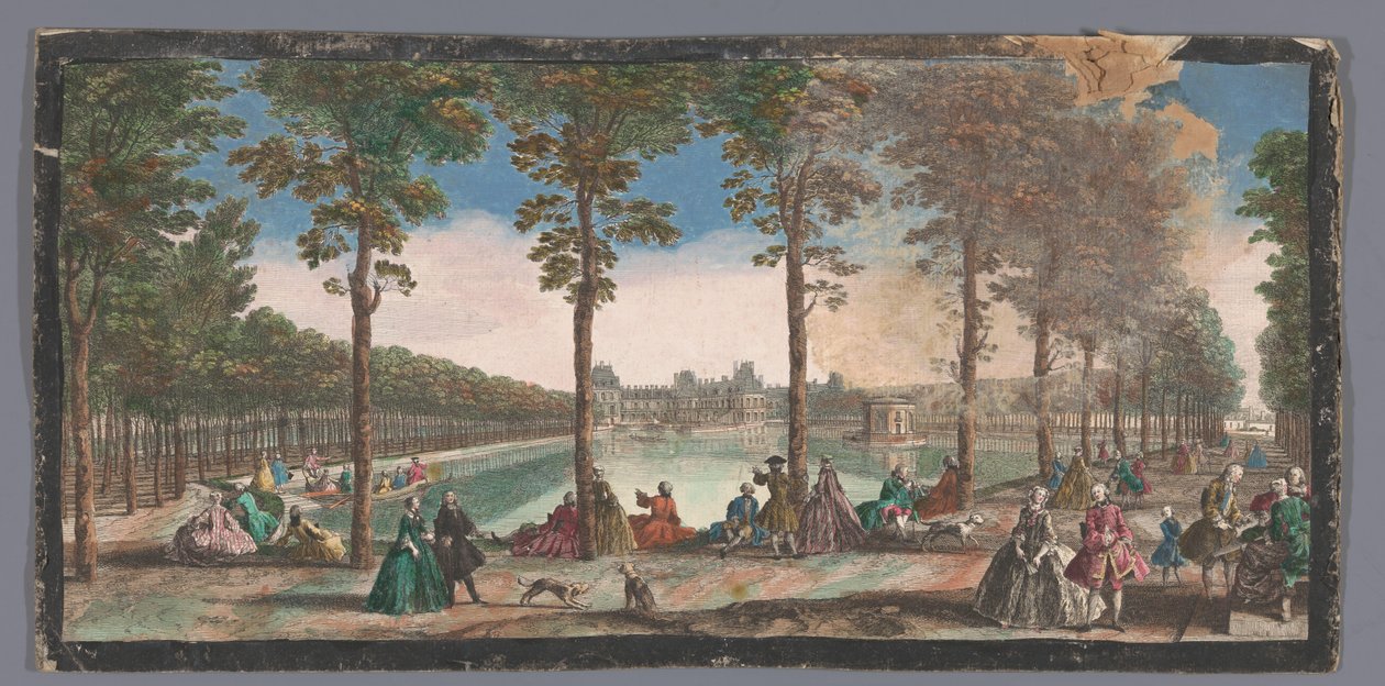 منظر لبركة حديقة Palais de Fontainebleau Veüe de l'etang de Fontainebleau et de la Cour des Fontaines dans l'eloignement (العنوان على الكائن) بواسطة مجهول