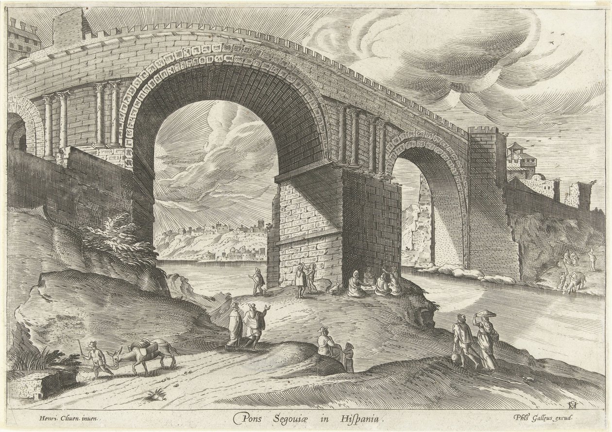 منظر لجسر مدينة سيغوفيا Pons Segouiae في هيسبانيا (العنوان على الكائن) نشرة Ruinarum varii (عنوان السلسلة) بواسطة مجهول