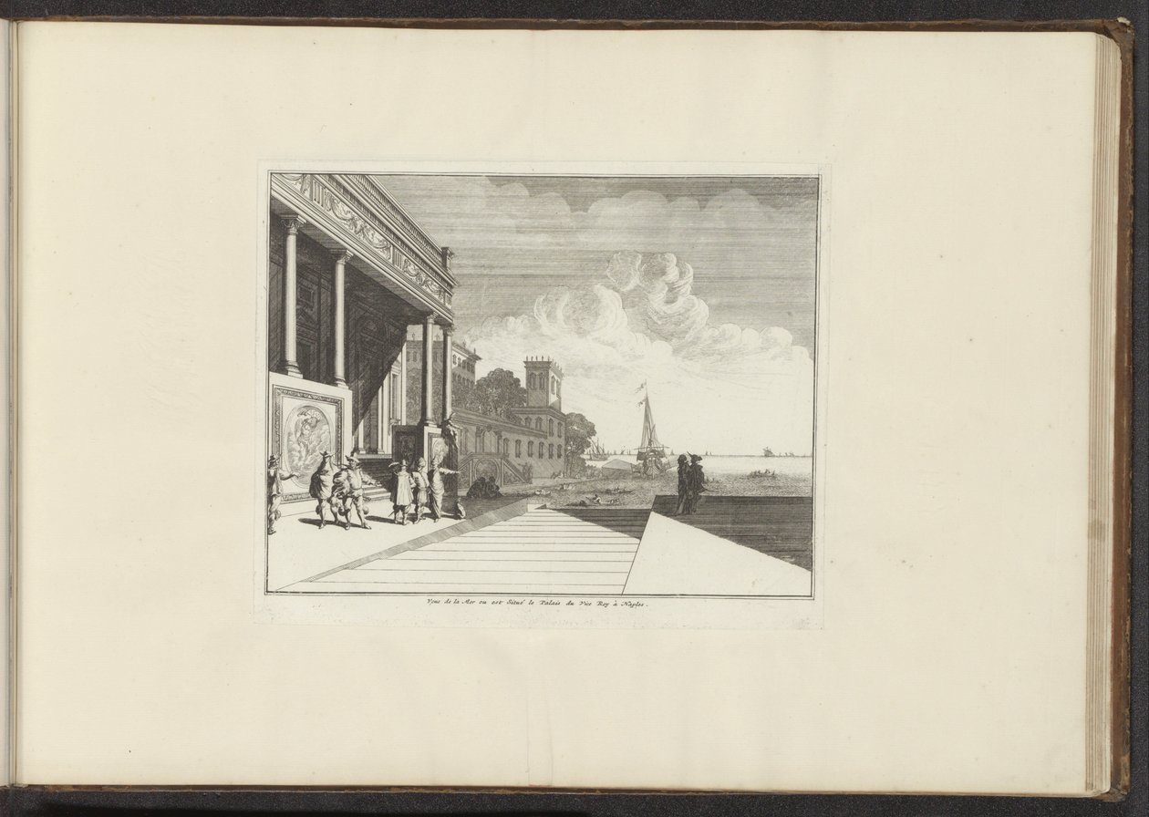 منظر لقصر على الساحل في نابولي Veue de la Mer ou est Situé le Palais du Vice Roy à Naples (العنوان على الكائن) القصور والمعالم الأثرية في البندقية وليفورنو ونابولي وروما (عنوان السلسلة) بواسطة مجهول