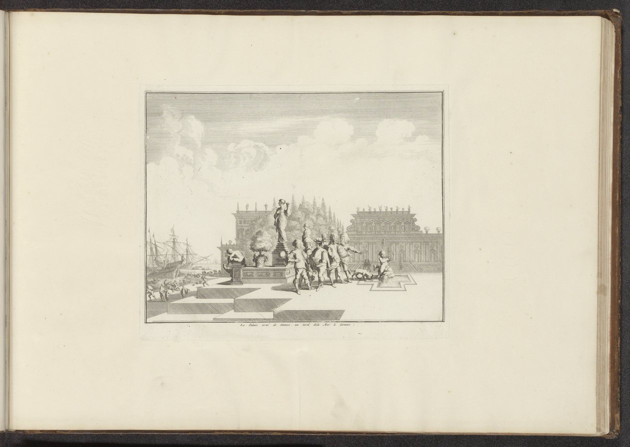 منظر لقصر وتماثيل على الواجهة البحرية في جنوة Le Palais orné de Statues، au bord dela Mer à Gennes (العنوان على الكائن) القصور والمعالم الأثرية في البندقية وليفورنو ونابولي وروما (عنوان السلسلة) بواسطة مجهول