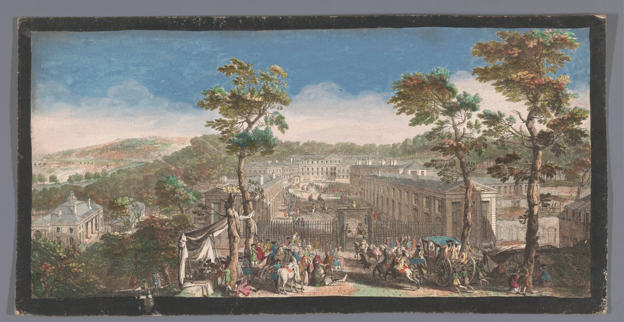 Gezicht op het Château de Saint-Cloud منظر شاتو دو سانت كلاود من جانب الطريق الرئيسي عند البوابة الثانية (العنوان على الجسم) بواسطة مجهول