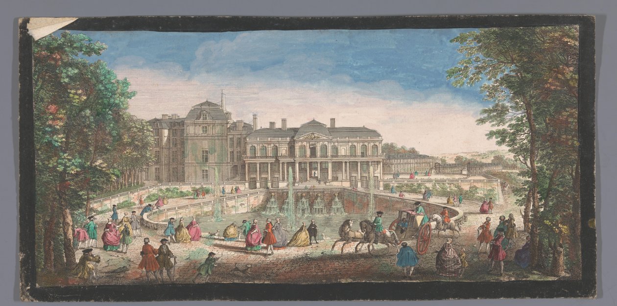 Gezicht op het Château de Saint-Cloud gezien vanaf de Chemin de Versailles منظر لأحد أجنحة Chateau de St. Cloud من جانب حدوة الحصان أو Chemin de Versaille (العنوان على الكائن) بواسطة مجهول