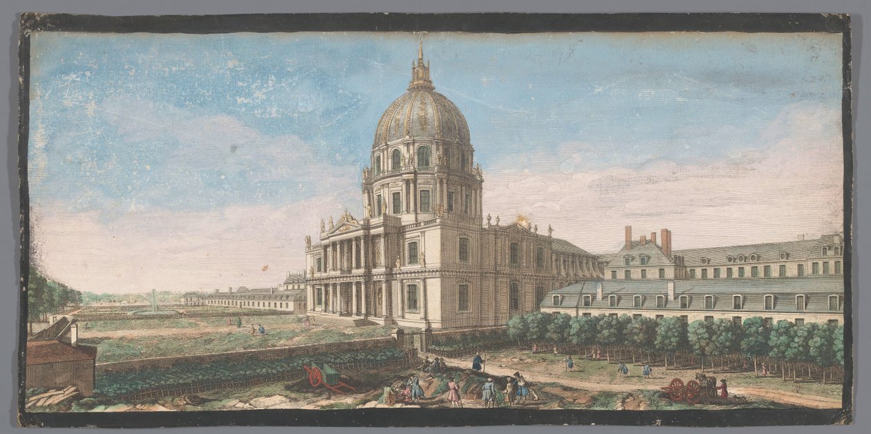 الموقع الجغرافي في فندق des Invalides te Parijs منظر لواجهة قبة الكنيسة وجزء من مباني Hôtel Royal des Invalides (العنوان على الجسم) بواسطة مجهول