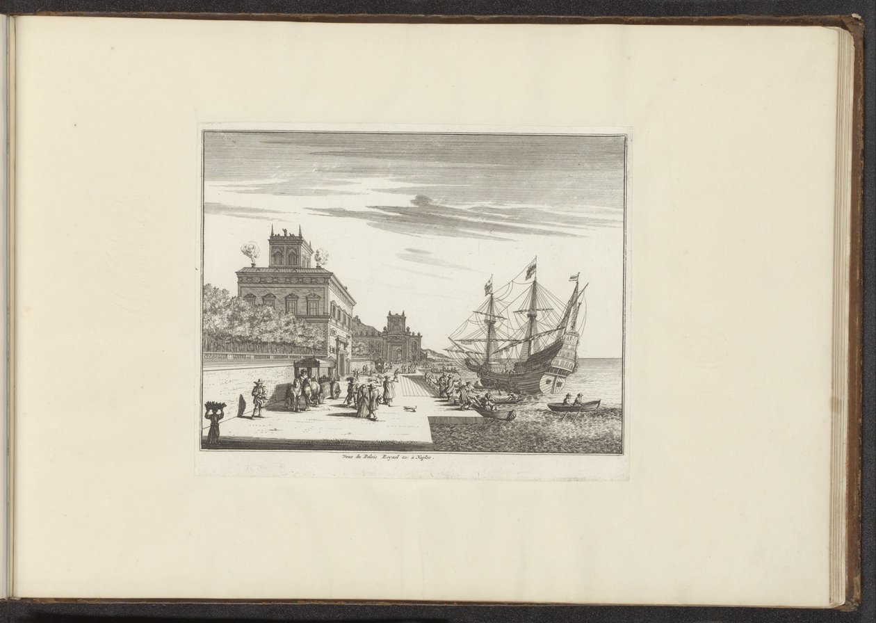 منظر للقصر الملكي على الساحل في نابولي Veue du Palais Royael & c: à Naples (العنوان على الكائن) القصور والمعالم الأثرية في البندقية وليفورنو ونابولي وروما (عنوان السلسلة) بواسطة مجهول