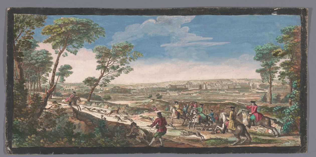 Gezicht op het قصر فونتينبلو منظر عام لـ Fontainebleau مأخوذ من أعلى الجبل المقابل على جانب الرواق (العنوان على الكائن) بواسطة مجهول