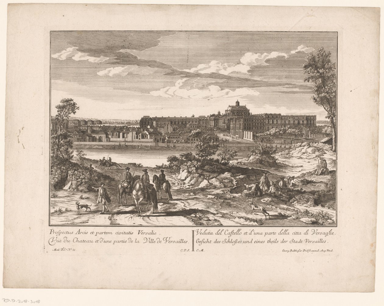 منظر لقصر فرساي وجزء من المدينة Prospectus Arcis et partem civitatis Versailles / منظر للقلعة وجزء واحد من مدينة فرساي / منظر للقلعة وجزء واحد من مدينة فرساي / منظر للقلعة و بواسطة مجهول
