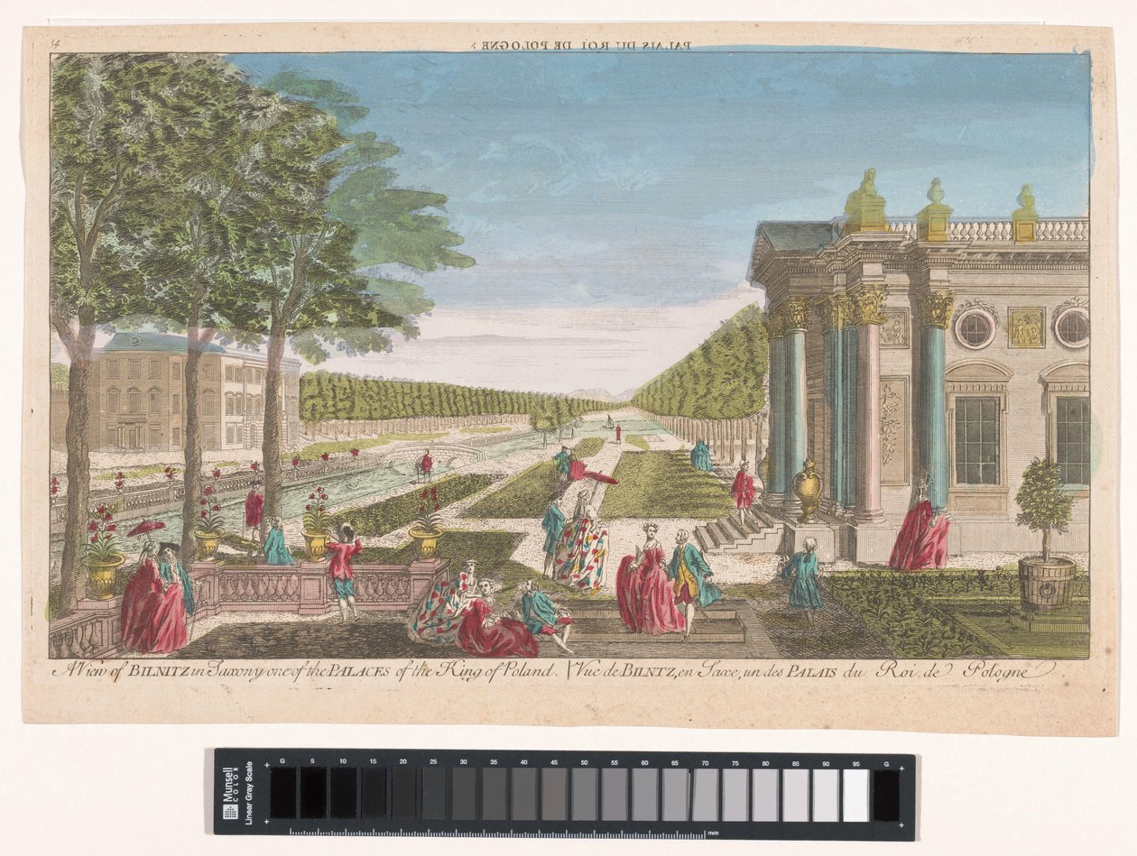Gezicht op het Schloss Pillnitz منظر لبلنتز في ساكسونيا أحد قصور ملك بولندا (العنوان على الجسم) بواسطة مجهول
