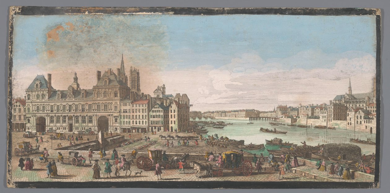 Gezicht op het Stadhuis en de rivier de Seine te Parijs منظر لقاعة مدينة باريس. حيث نرى في المسافة بونت ماري وبونت دي بوا يسمى بونت روج (العنوان على الجسم) بواسطة مجهول