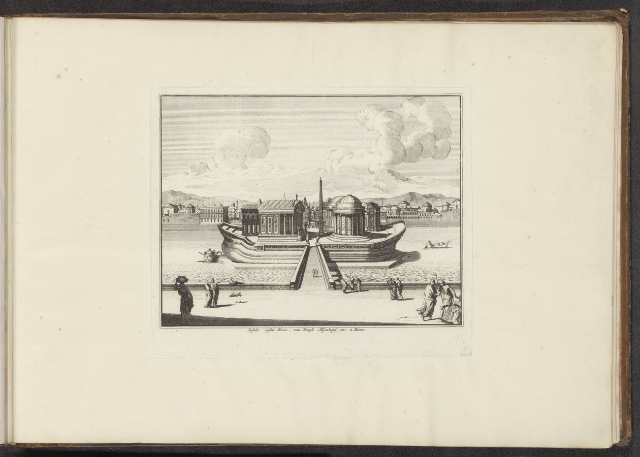 منظر لجزيرة التيبر في روما Insula instar Navis نائب الرئيس Templo Aesculapij. إلخ: روما (العنوان على الكائن) القصور والمعالم الأثرية في البندقية وليفورنو ونابولي وروما (عنوان السلسلة) بواسطة مجهول