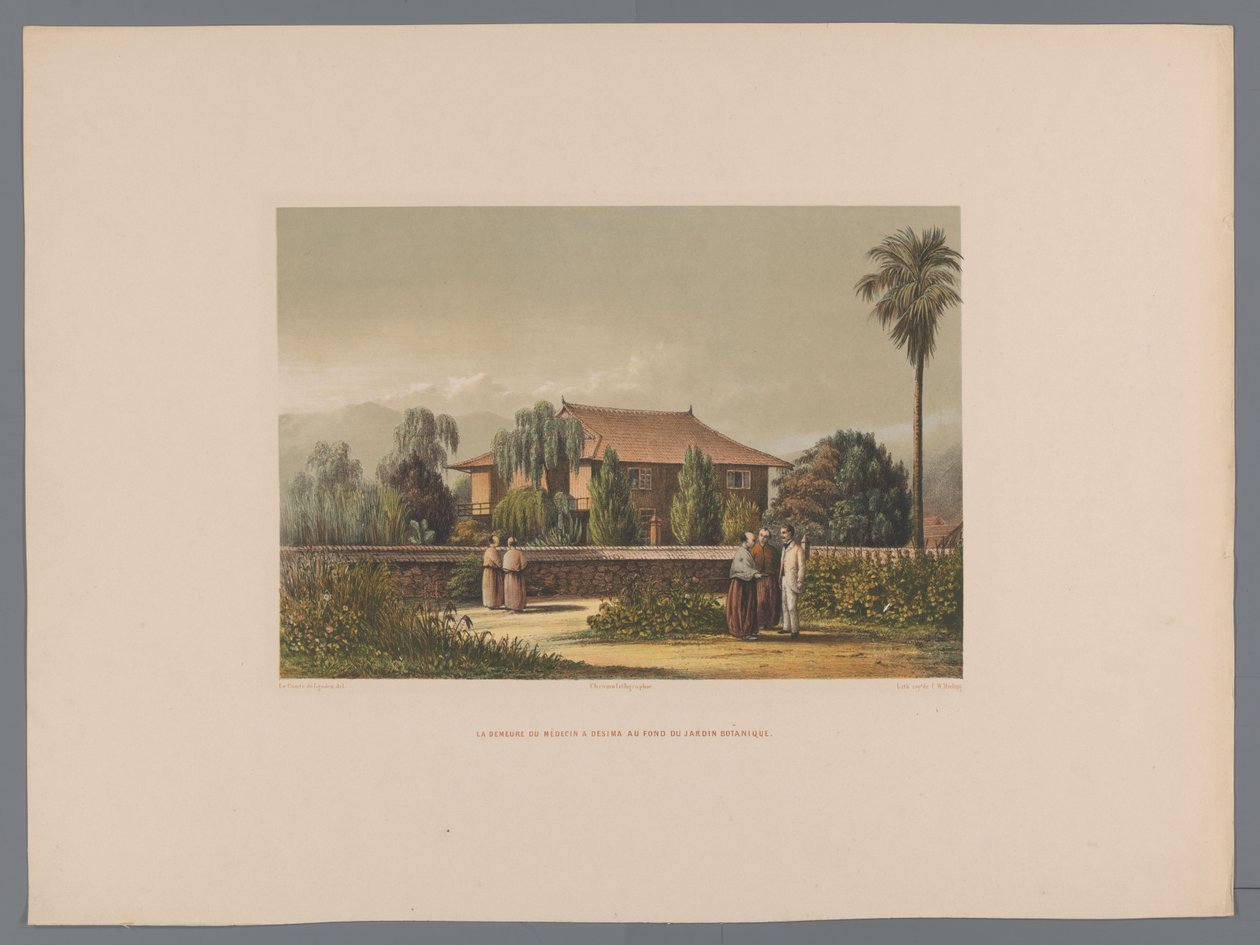 منظر لمنزل طبيب ديشيما مع حديقة نباتية في المقدمة La demeure du Médecin à Desima au fond du jardin botanique (العنوان على الكائن) Souvenir du Japon vues d
