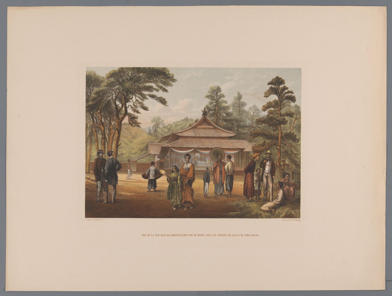 Gezicht op het huis van de burgemeester van Mogi منظر لمنزل Bourcuemaitre de Moci على شواطئ خليج Sima-Bara (العنوان على الجسم) تذكار مناظر اليابان من الطبيعة مع نص من الكونت دي ليندن (عنوان السلسلة على الكائن) بواسطة مجهول