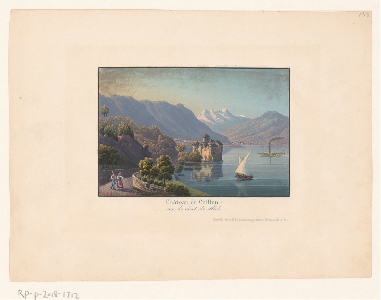 منظر لقلعة شيلون Châteay de Chillon vers la dent du midi (العنوان على الكائن) بواسطة مجهول