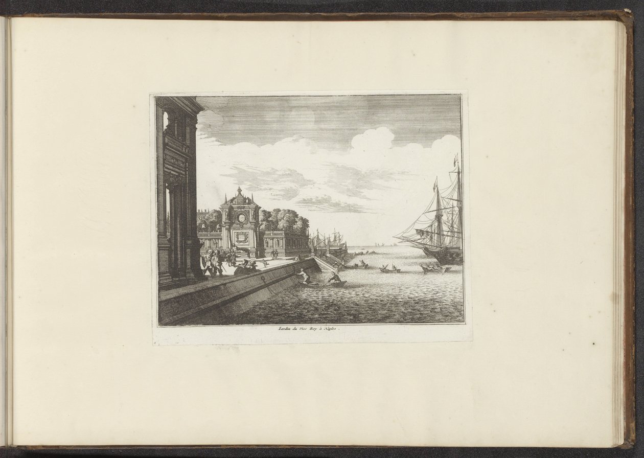 منظر لحدائق القصر على الساحل في نابولي Jardin du Vise Roy à Naples (العنوان على الكائن) القصور والمعالم الأثرية في البندقية وليفورنو ونابولي وروما (عنوان السلسلة) بواسطة مجهول