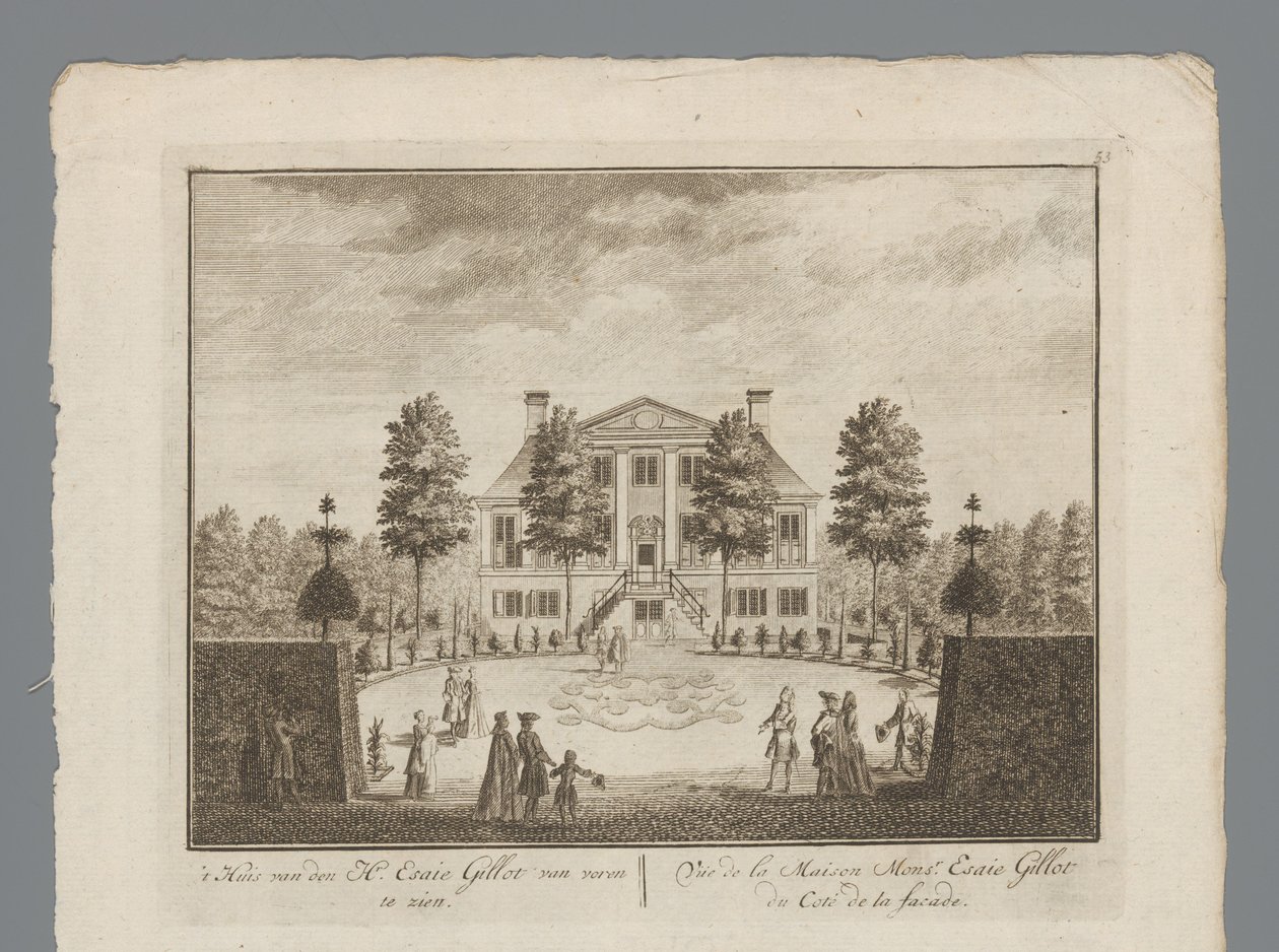 مناظر لملكية إيساي جيلوت الريفية بيت السيد. Esaie Gillot من الأمام / Vüe de la Maison Monsr. Esaie Gillot du Coté de la facade (العنوان على الكائن) عرض من الداخل لمجلس الوزراء من الموارد البشرية. Esaie Gillot / Vüe de la Maison de M بواسطة مجهول