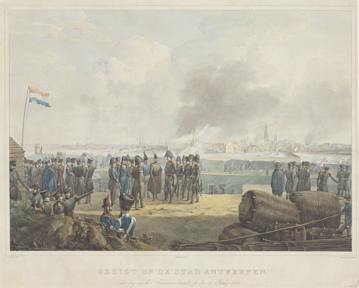 منظر لمدينة أنتويرب ، في اليوم التالي للقصف ، في 28 أكتوبر 1830 (العنوان على الجسم) بواسطة مجهول