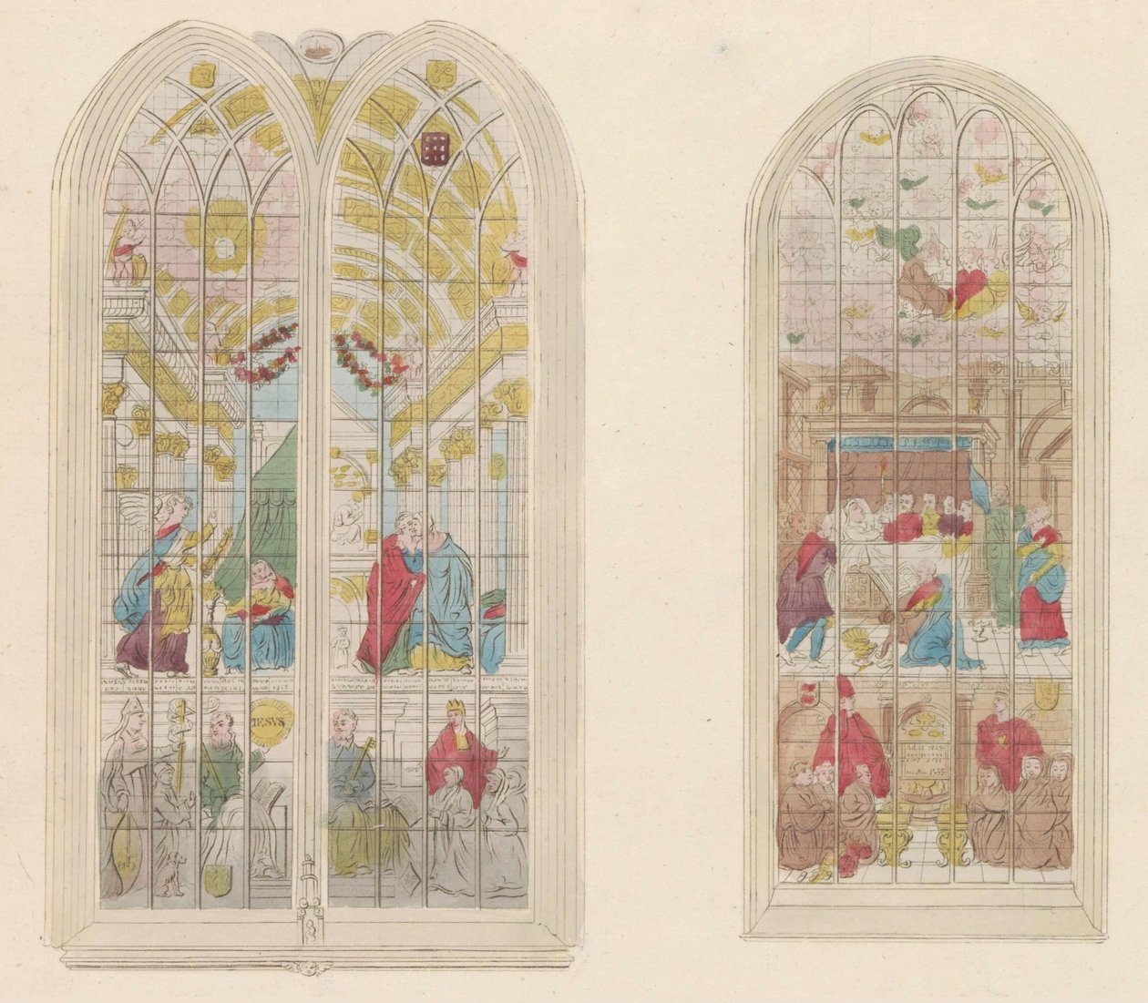 Glasramen in de Oude Kerk te Amsterdam، 1810-1825 تمثيل للنوافذ المطلية الشهيرة للكنيسة القديمة (العنوان على الكائن) بواسطة مجهول