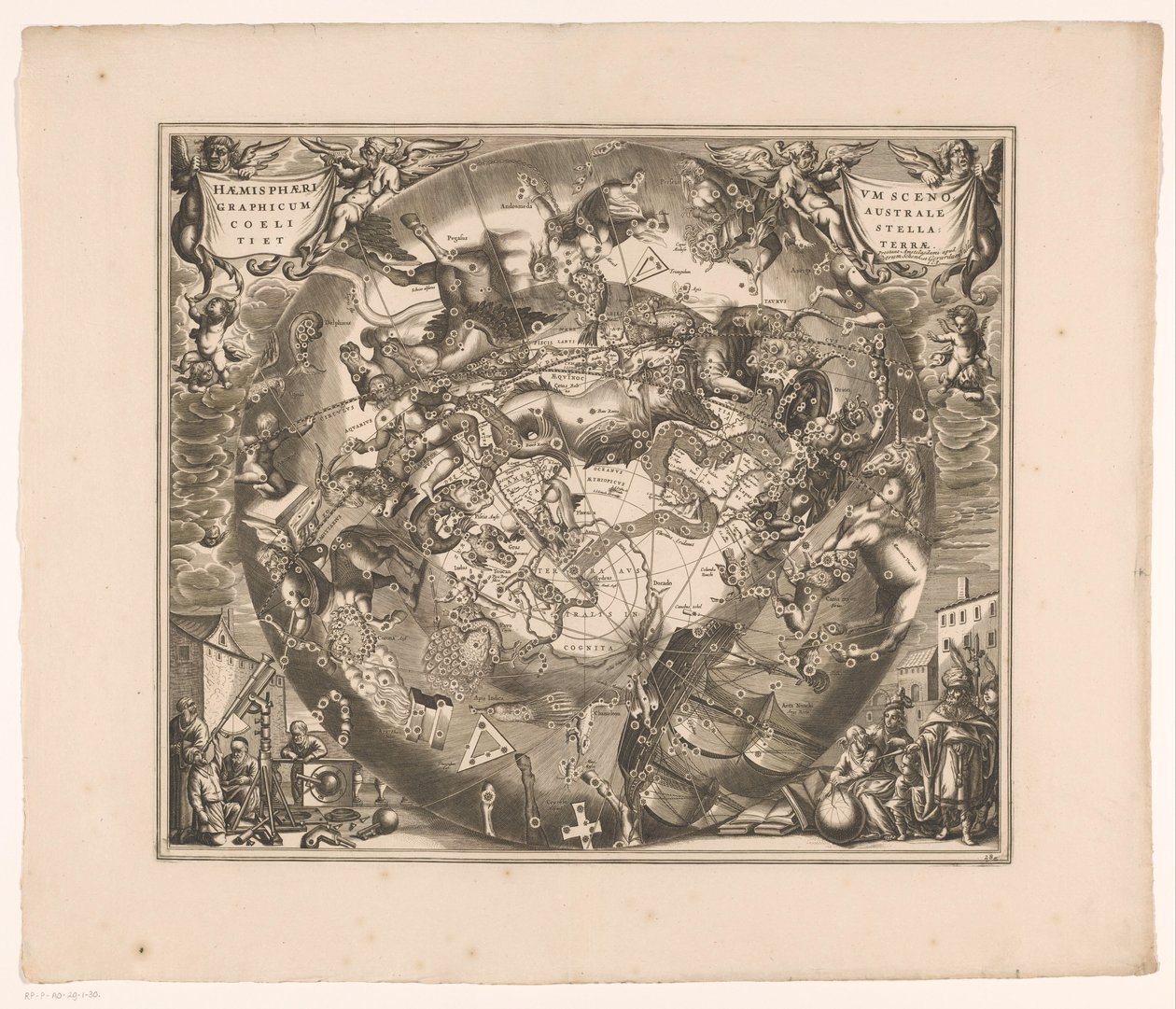 خريطة سماوية مع الأبراج الجنوبية Haemisphaerium cinographicum australe coeli stellati et terrae (العنوان على الكائن) بواسطة مجهول
