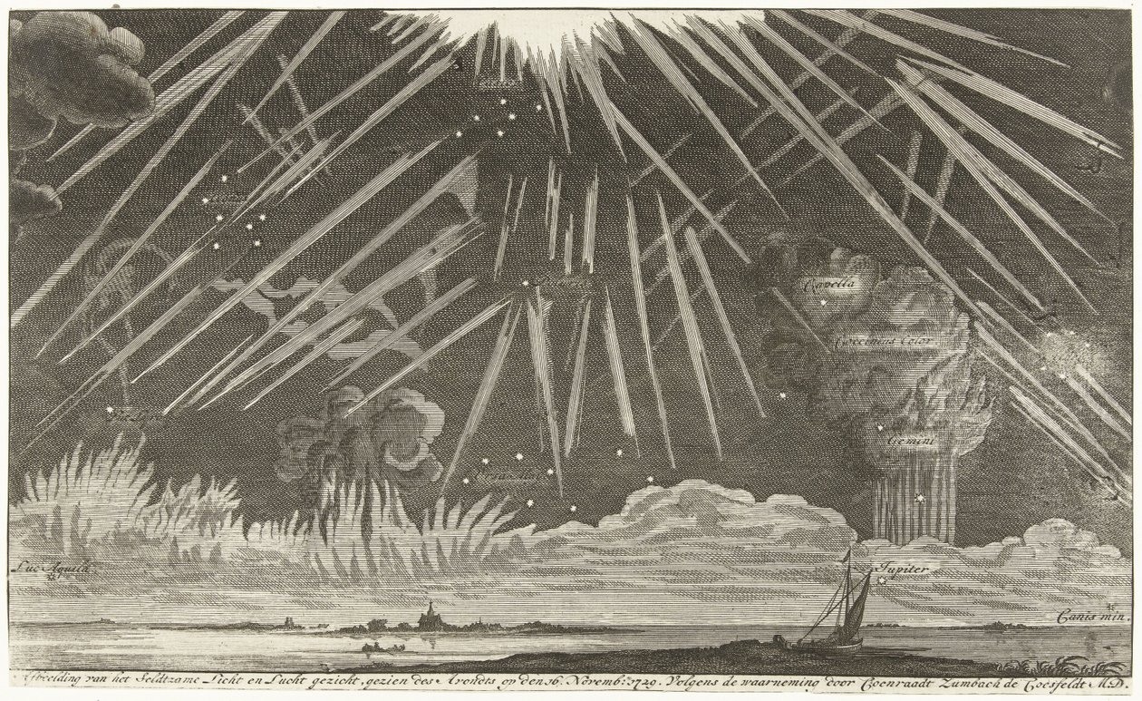 الظواهر السماوية 1729 صورة لمنظر Seldtzame Light and Sky ، شوهد في المساء في 16 نوفمبر: 1729. وفقًا لملاحظة Coenraadt Zumbach de Croesfeldt M.D. (العنوان على العنصر) بواسطة مجهول
