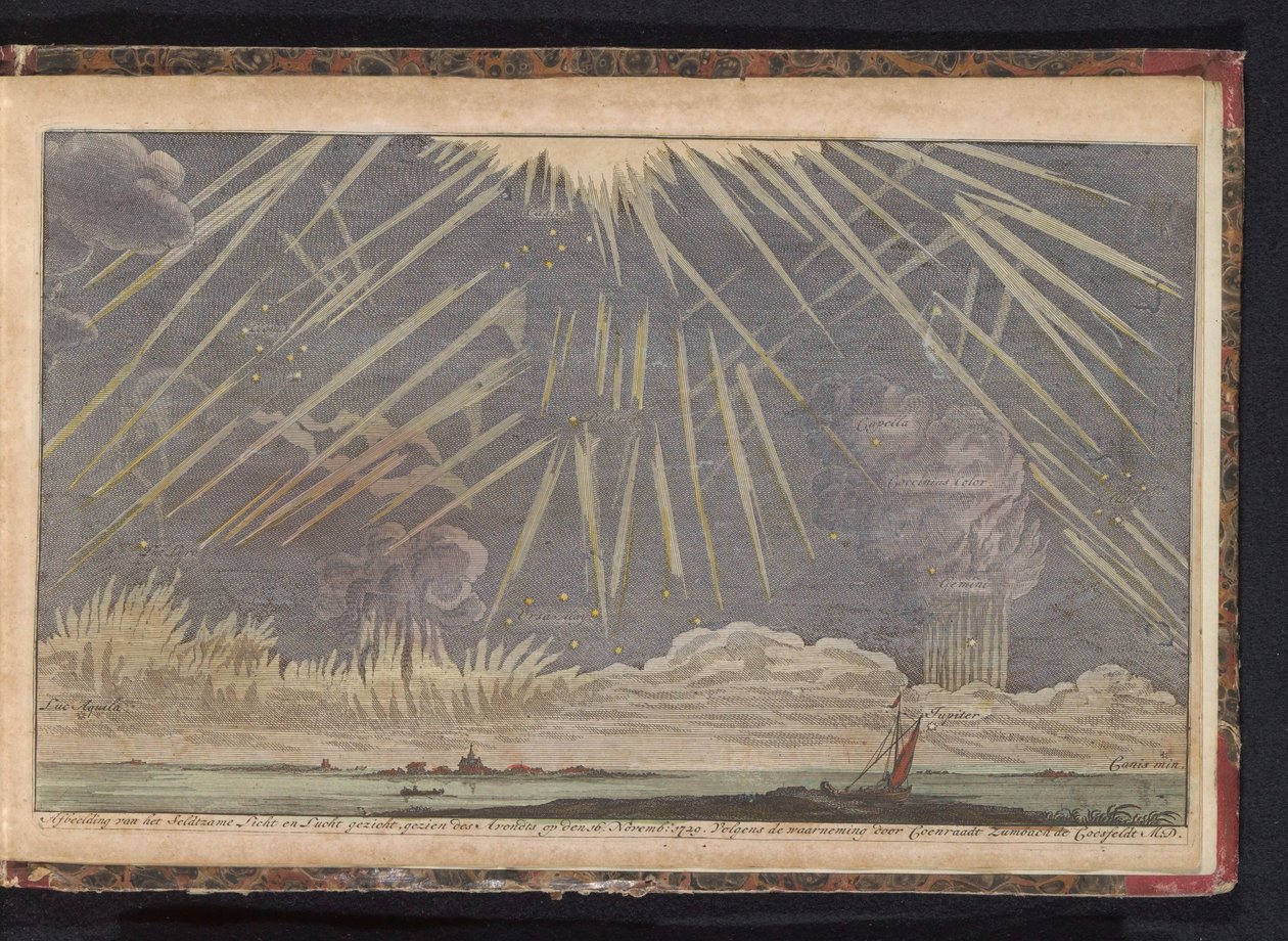 الظواهر السماوية 1729 صورة لمنظر Seldtzame Light and Sky ، شوهد في المساء في 16 نوفمبر: 1729. وفقًا لملاحظة Coenraadt Zumbach de Croesfeldt M.D. (العنوان على العنصر) بواسطة مجهول