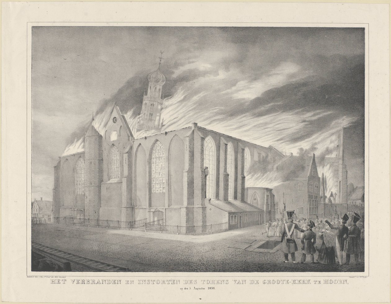 حرق وانهيار أبراج جروت كيرك في هورن ، في 3 أغسطس 1838 (العنوان على الجسم) بواسطة مجهول