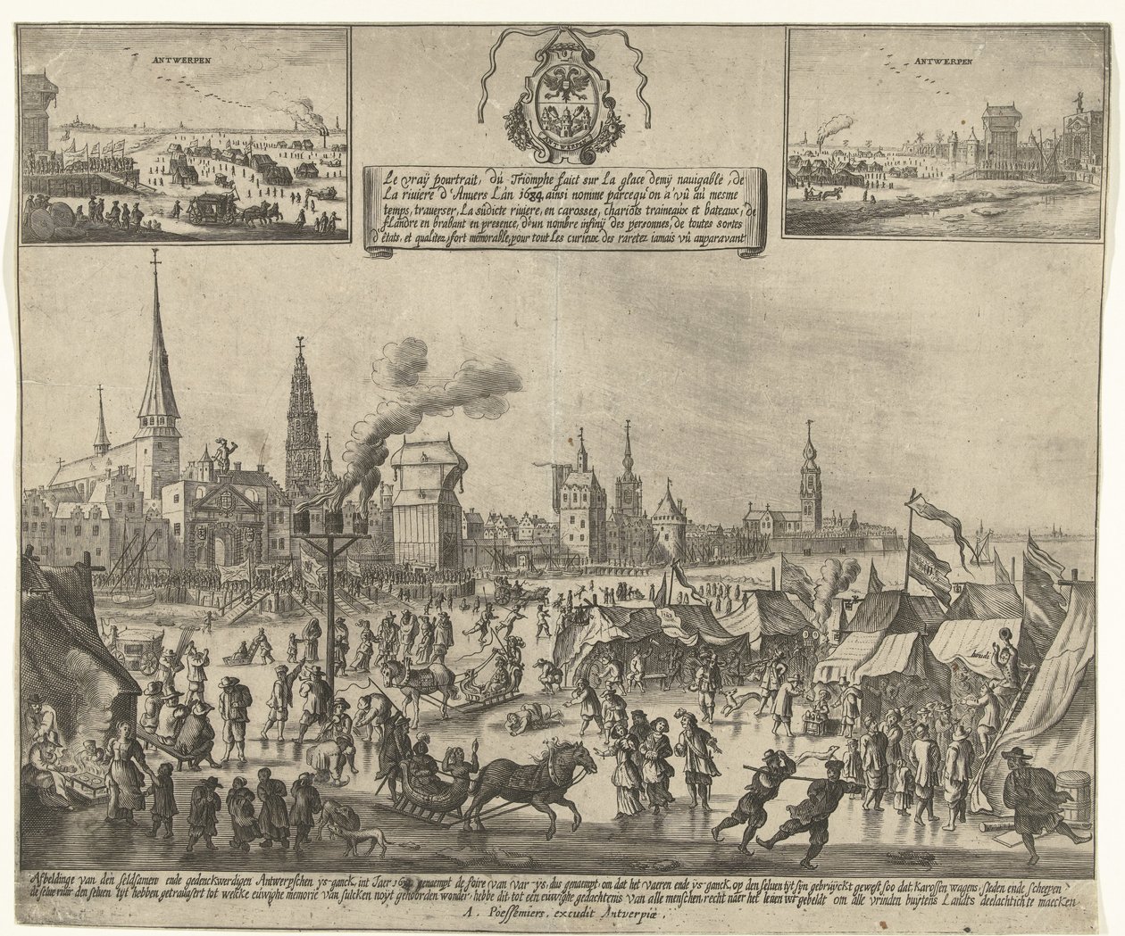 الترفيه الجليدي على شيلدت المجمد في أنتويرب ، 1684 لو فراي بوتريك ، دو تريومف فيكت سور لا جلاس ديمي نافيجابل ، دي لا ريفير دانفر لان 1684 (...) (العنوان على الجسم) Afbeldinge van den seldsamen ende gedenckwerdigen Antwerpschen ys -ganck، int J بواسطة مجهول