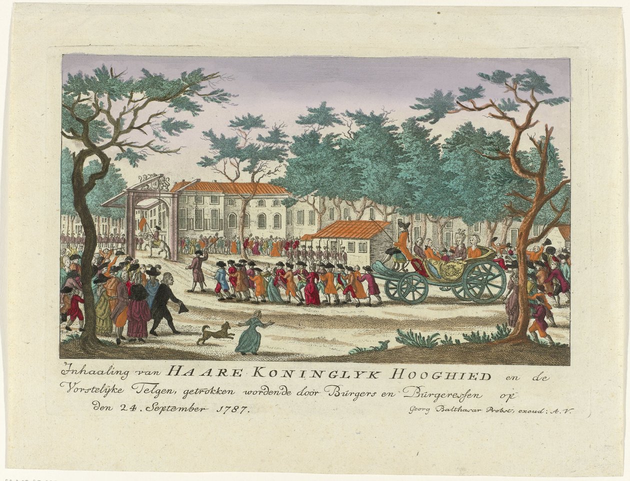 اللحاق بأميرة أورانج والأطفال 1787 التجاوز على Haare Koninglyk Hooghied والأحفاد الملكي ، رسمه Burghers و Burgeressen في 24 سبتمبر 1787 (العنوان على الجسم) مطبوعات ألمانية ملونة عن الحدث بواسطة مجهول