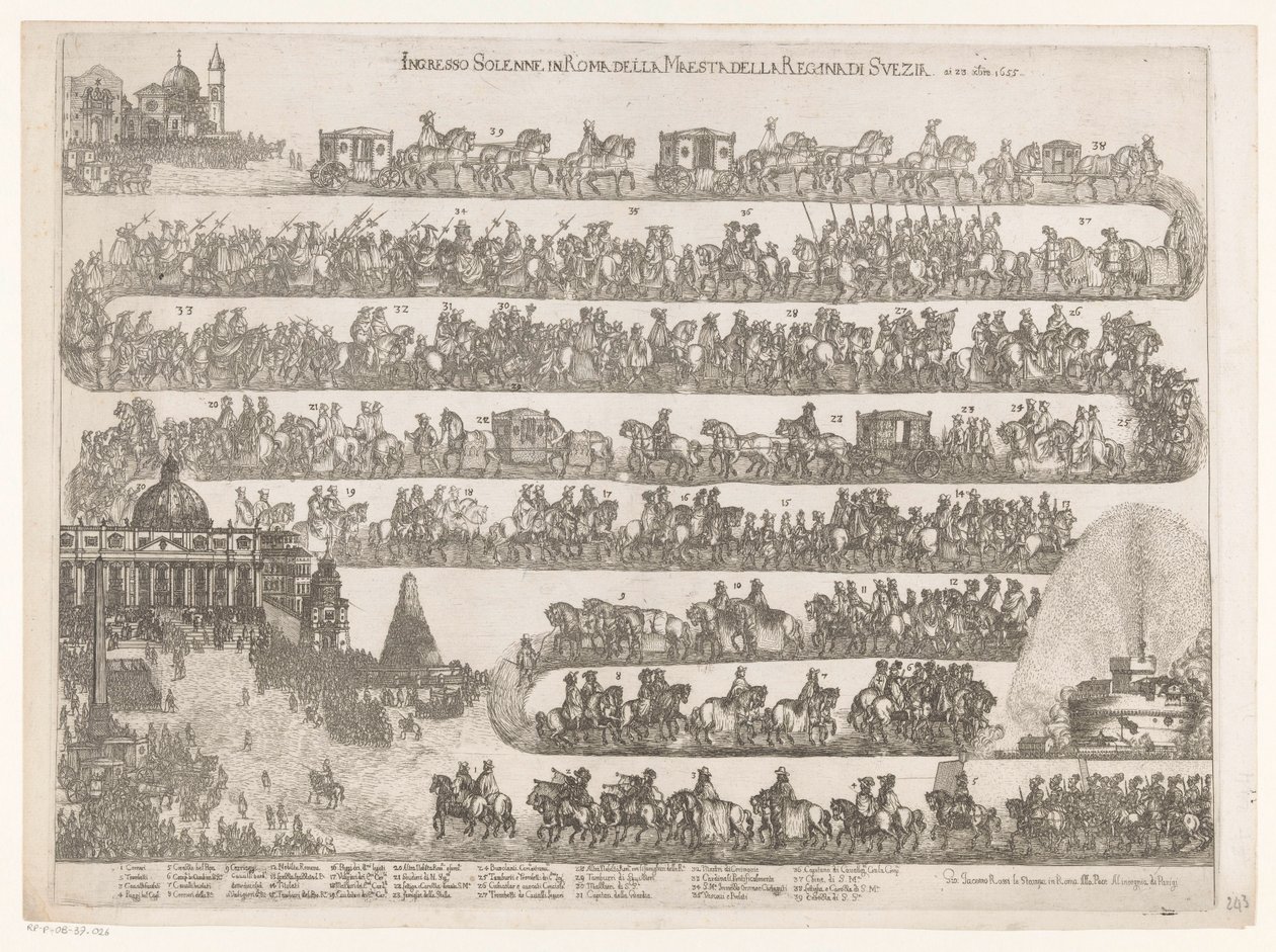 دخول الملكة كريستينا ملكة السويد إلى روما Ingresso Solenne في Roma della Maestra della Regina di Svezia ai 23 xbre 1655 (العنوان على الكائن) بواسطة مجهول