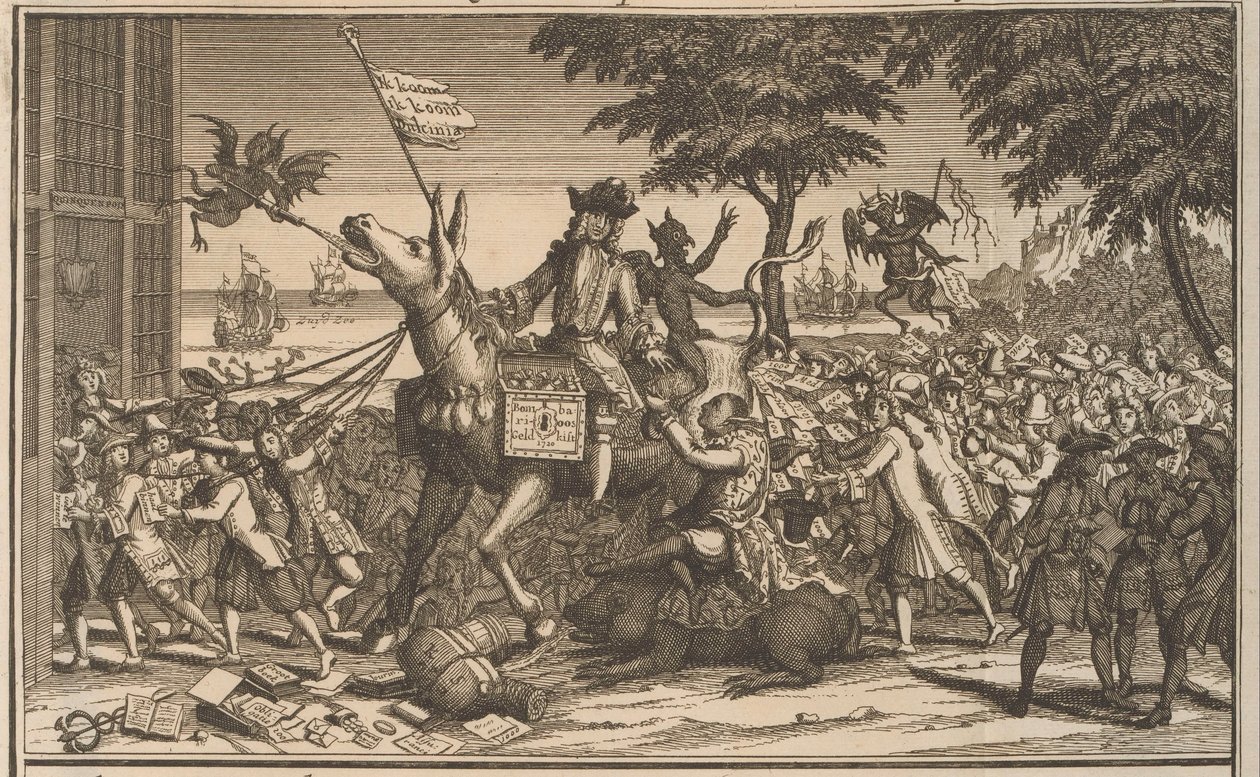 جون لو على حمار سانشو بانزا 1720 القانون ، مثل Don-Quichot الثاني ، في Sanches Graauwtje يجلس في استهزاء (العنوان على الشيء) The Great Table of Folly (عنوان السلسلة) بواسطة مجهول