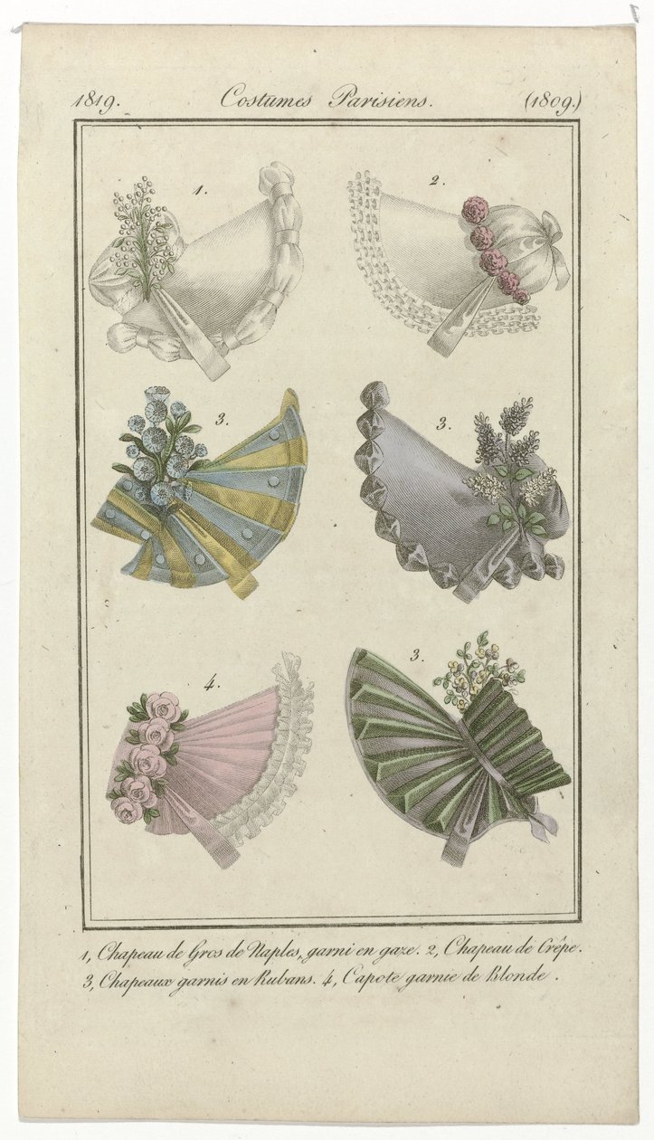 Journal des Dames et des Modes، Costumes Parisiens، April 15، 1819، (1809): 1، Gros de Naples Hat (...] بواسطة مجهول