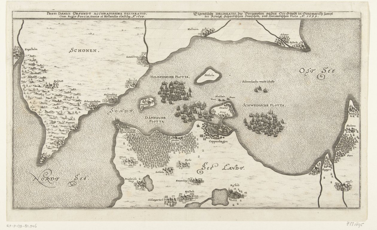 Kaart van de zeeslag tussen de Zweedse en Deense vloten in de Belt، 1644 الرسم البياني الأكثر دقة لمضيق Orsundt الدنماركي مع ملك السويد والدنمارك وهولندا classibg. آو. 1644 (العنوان على الكائن) يمر Eigentliche Delineatio des Berumpten أو. Sündt in De بواسطة مجهول