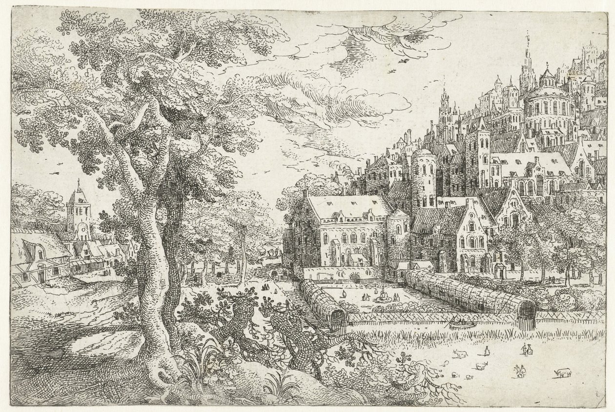 منظر طبيعي مع مدينة مقابل تل Seven Landscapes (عنوان السلسلة) بواسطة مجهول
