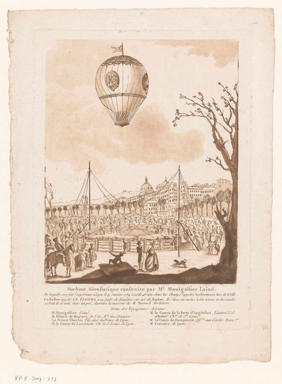Luchtballon ، Le Flezel ، van Joseph-Michael Montgolfier the Elder buiten Lyon آلة هوائية من صنع السيد مونتغولفييه الأكبر (العنوان على الجسم) بواسطة مجهول
