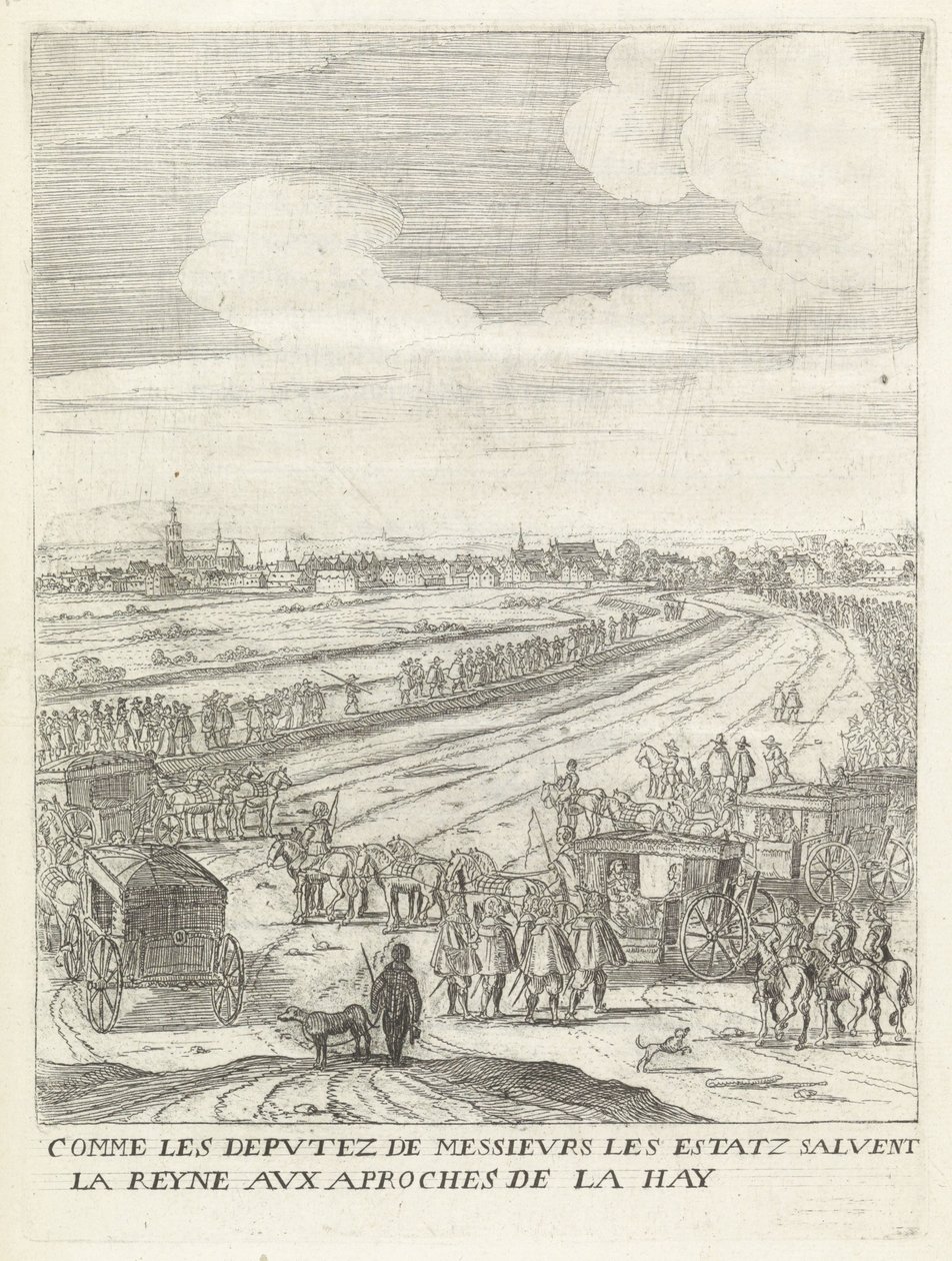 Maria de 'Medici begroet buiten de poorten van Den Haag بصفتها نواب السادة ، تحيي الولايات الملكة على نهج هاي (العنوان على الشيء) قصة دخول الملكة ، والدة الملك المسيحي ، إلى الولايات المتحدة المقاطعات من هولندا بواسطة مجهول