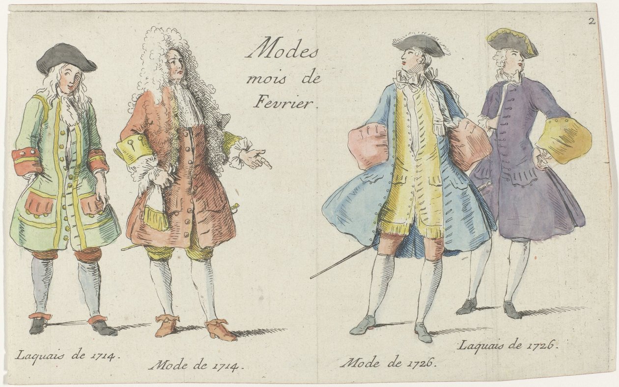 أوضاع Mois de Fevrier (العنوان على الكائن) أربعة رجال يرتدون أزياء 1714 و 1726 ميركيور دو فرانس (عنوان السلسلة) بواسطة مجهول