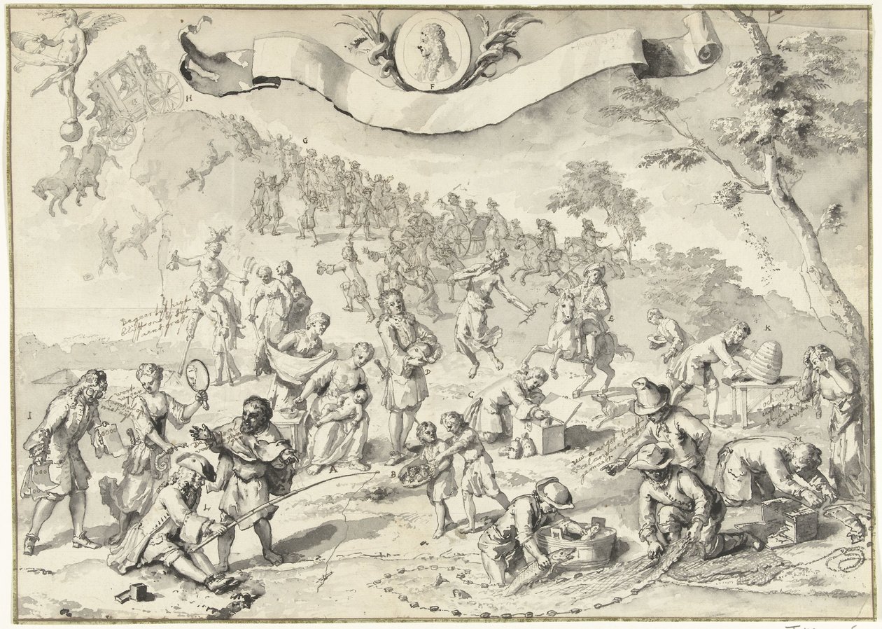 رسم تصميم للطباعة يحاول جريد تجاوز فورتونا ، 1720 The Great Table of Folly (عنوان السلسلة) بواسطة مجهول